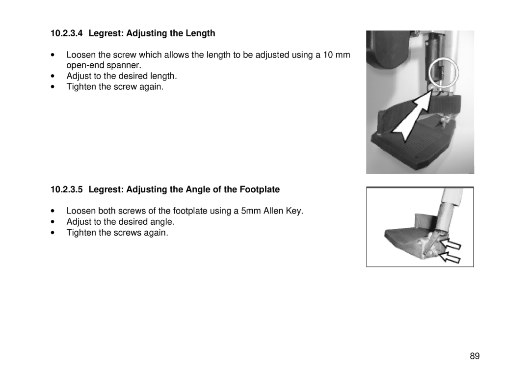 Invacare MK6i user manual Legrest Adjusting the Length, Legrest Adjusting the Angle of the Footplate 