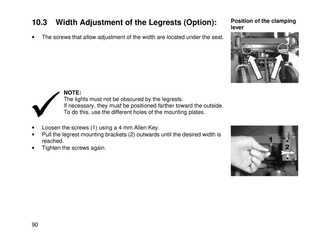 Invacare MK6i user manual Width Adjustment of the Legrests Option, Position of the clamping lever 