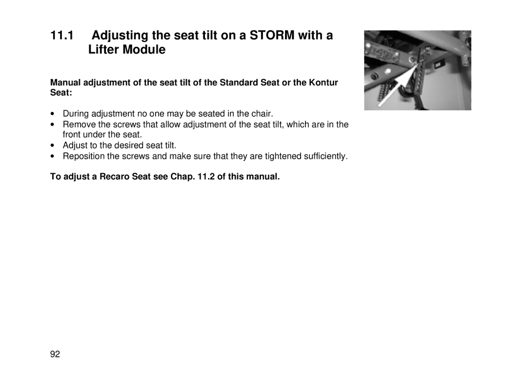 Invacare MK6i Adjusting the seat tilt on a Storm with a Lifter Module, To adjust a Recaro Seat see Chap .2 of this manual 