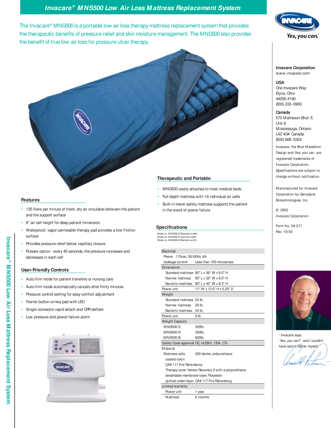 Invacare Invacare MNS500 Low Air Loss Mattress Replacement System, Features, User-Friendly Controls, Specifications 