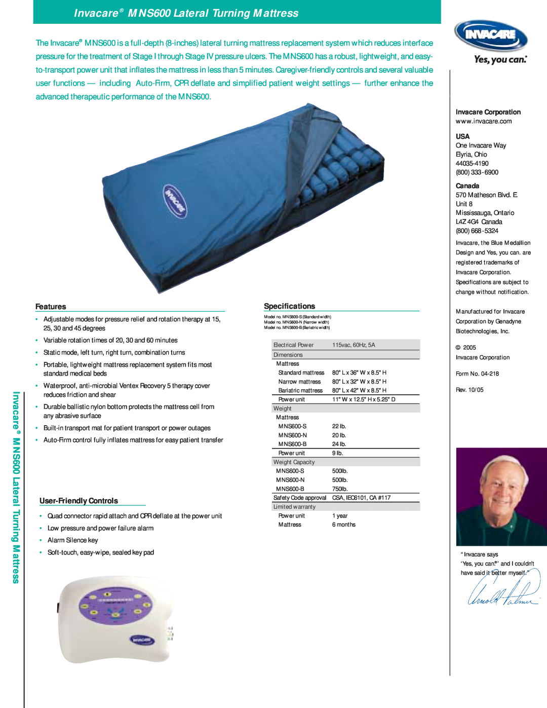 Invacare manual Invacare MNS600 Lateral Turning Mattress, Features, User-Friendly Controls, Specifications, Canada 