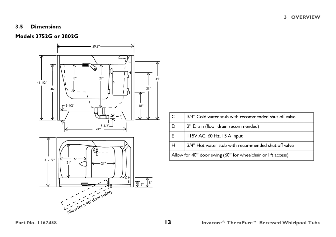 Invacare user manual Dimensions Models 3752G or 3802G 