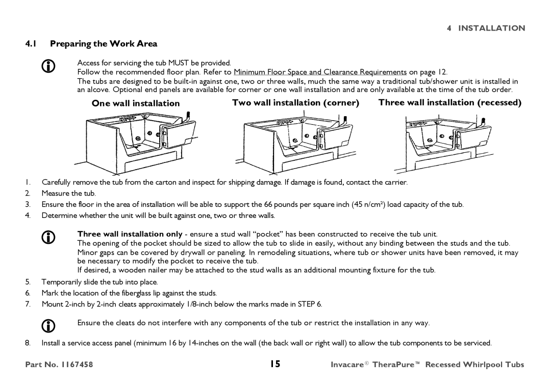 Invacare 3752G, Model user manual Preparing the Work Area, One wall installation Two wall installation corner 