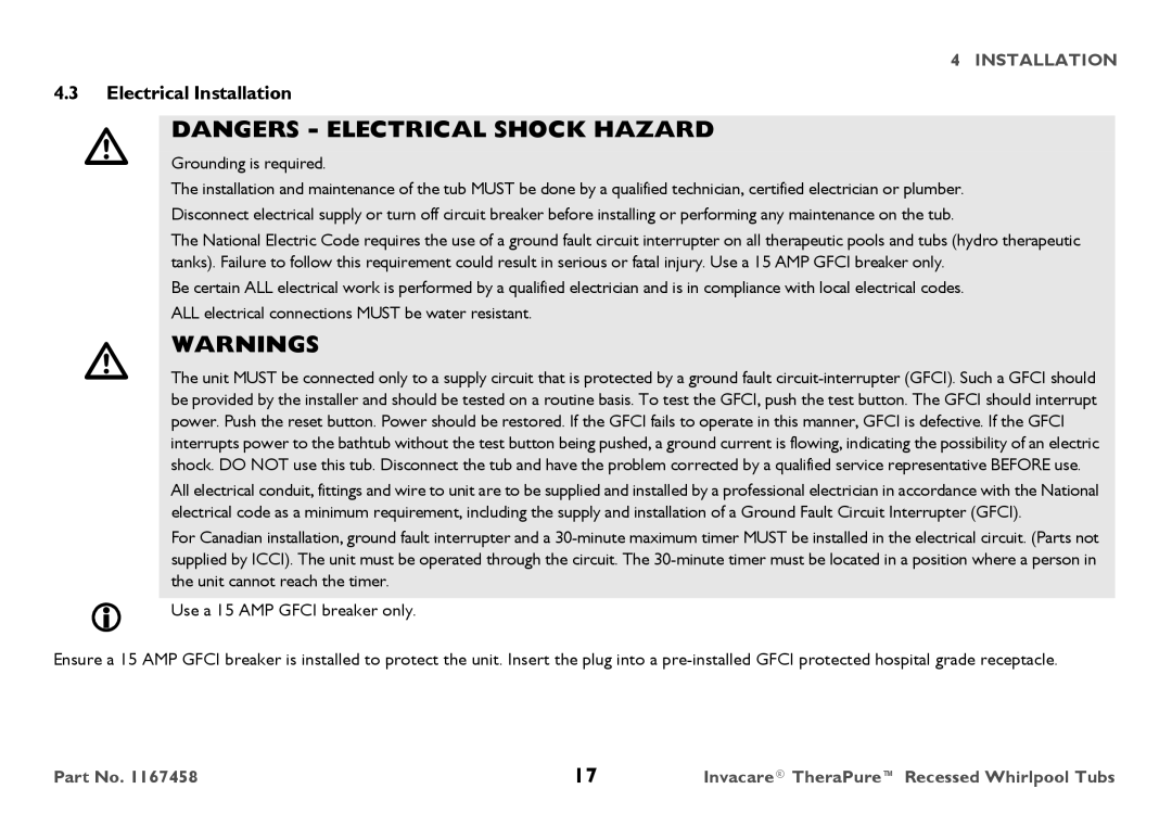 Invacare 3752G, Model user manual Electrical Installation 