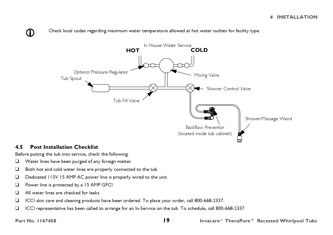 Invacare 3752G, Model user manual Post Installation Checklist, Optional Pressure Regulator Tub Spout 