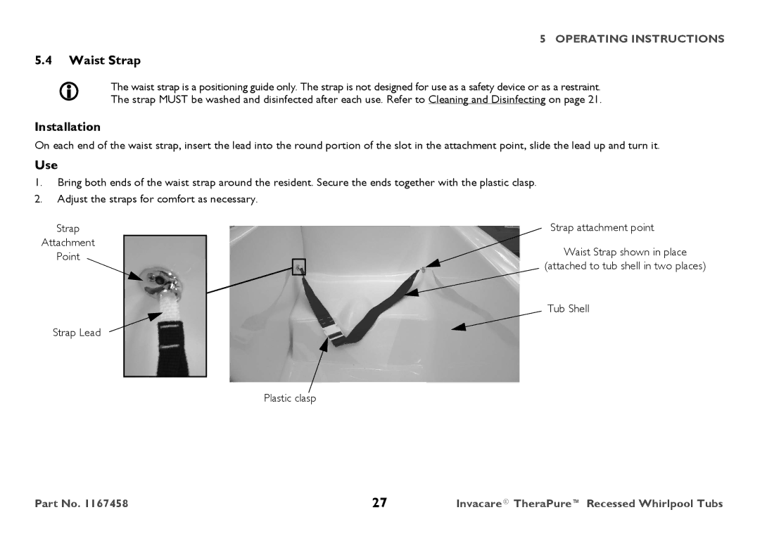 Invacare 3752G, Model user manual Waist Strap, Installation, Use 