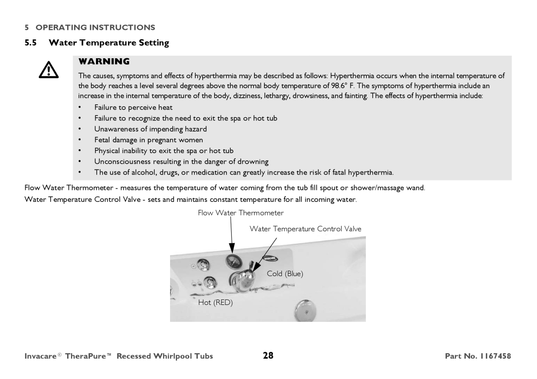 Invacare Model, 3752G user manual Water Temperature Setting 