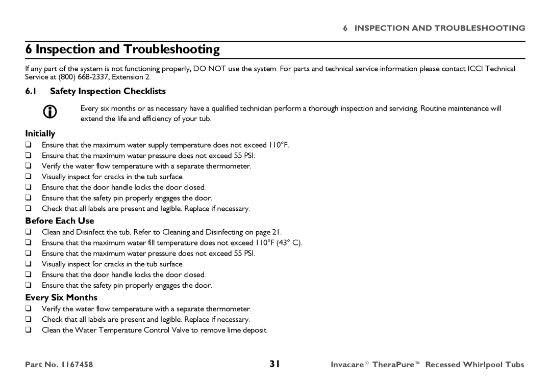 Invacare 3752G Inspection and Troubleshooting, Safety Inspection Checklists, Initially, Before Each Use, Every Six Months 