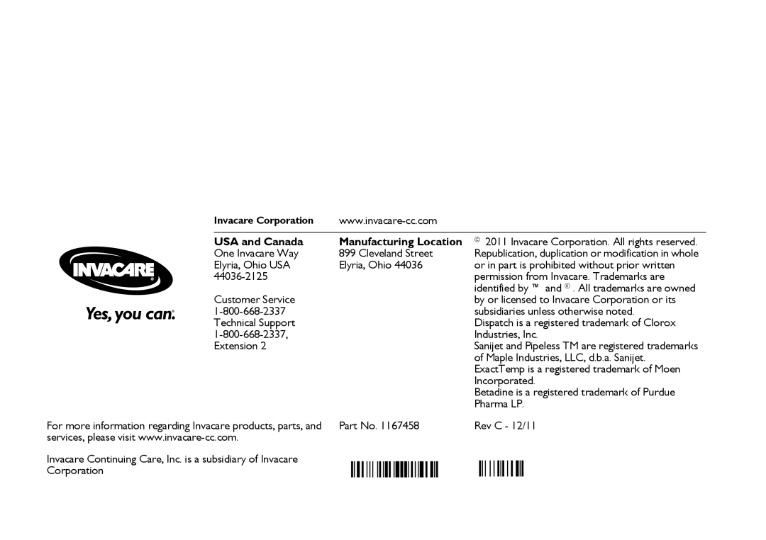 Invacare Model, 3752G user manual USA and Canada Manufacturing Location 