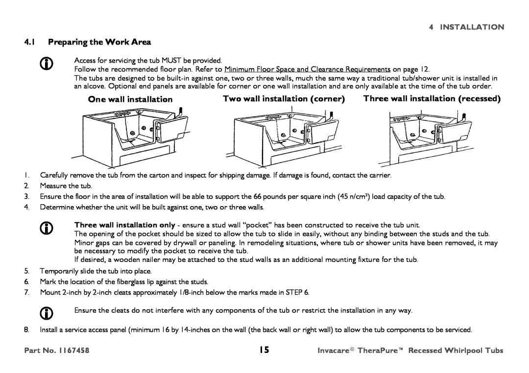 Invacare 3752G, Model user manual Preparing the Work Area, One wall installation, Two wall installation corner, Installation 