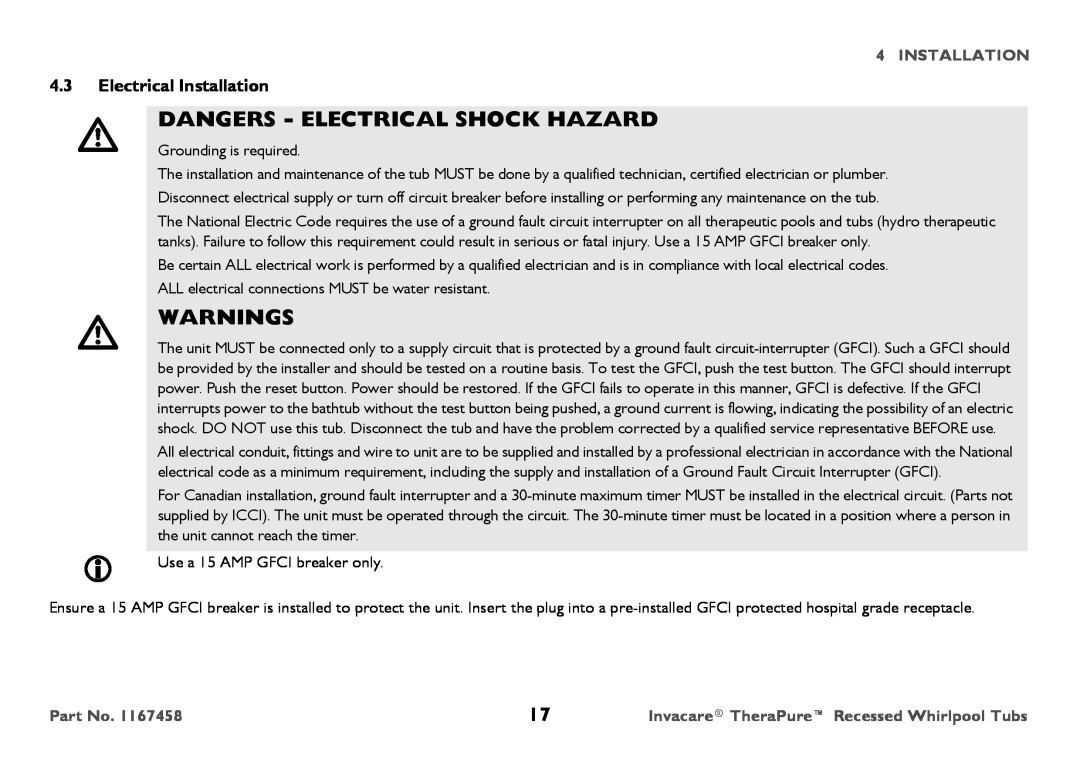 Invacare 3752G, Model user manual Electrical Installation, Dangers - Electrical Shock Hazard, Warnings 