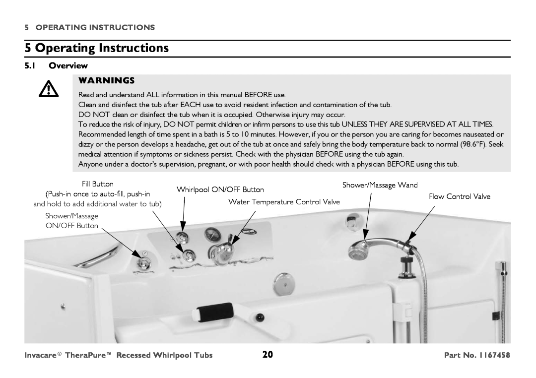 Invacare Model, 3752G user manual Operating Instructions, Overview WARNINGS, Invacare TheraPure Recessed Whirlpool Tubs 