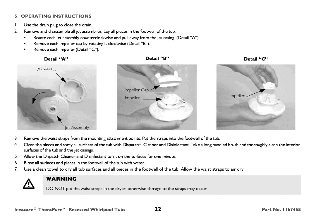 Invacare Model Operating Instructions, Detail “A”, Detail “B”, Detail “C”, Invacare TheraPure Recessed Whirlpool Tubs 