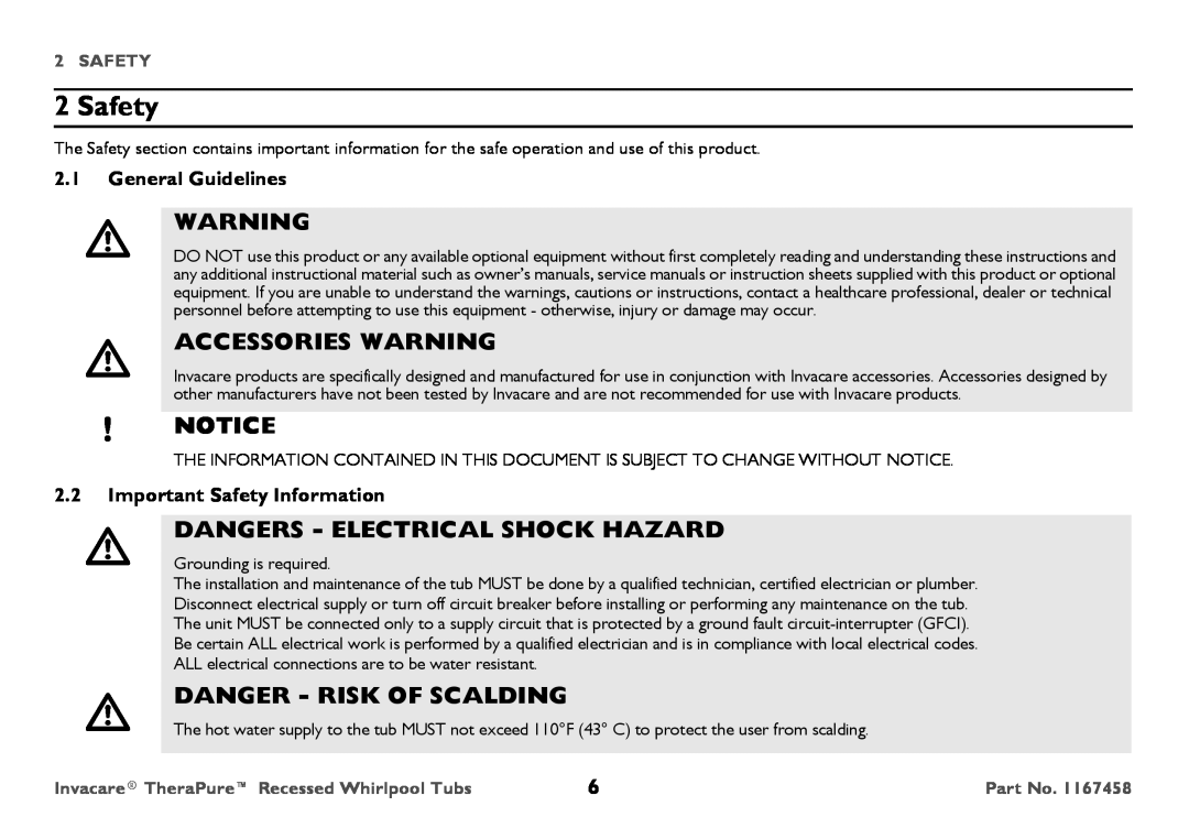 Invacare Model, 3752G user manual Safety, Accessories Warning, Dangers - Electrical Shock Hazard, Danger - Risk Of Scalding 