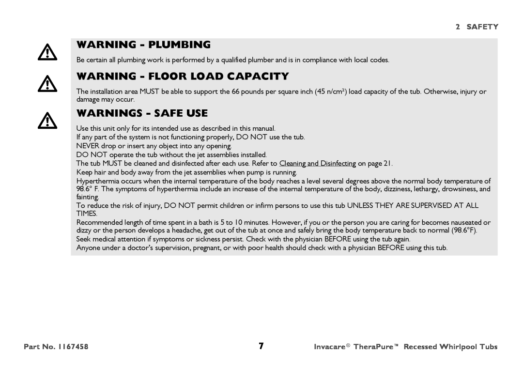 Invacare 3752G, Model user manual Warning - Plumbing, Warning - Floor Load Capacity, Warnings - Safe Use, Safety 