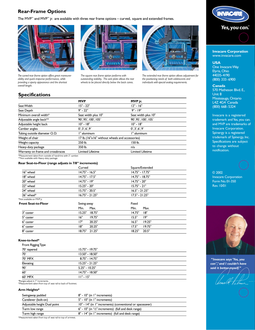 Invacare MVP jr manual Rear-Frame Options, Specifications 