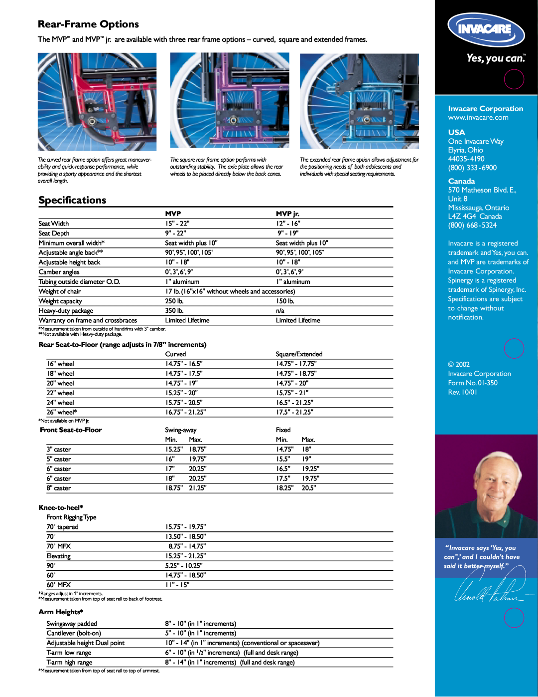 Invacare MVP Rear-Frame Options, Specifications, Invacare Corporation, One Invacare Way Elyria, Ohio 44035-4190 800, 2002 