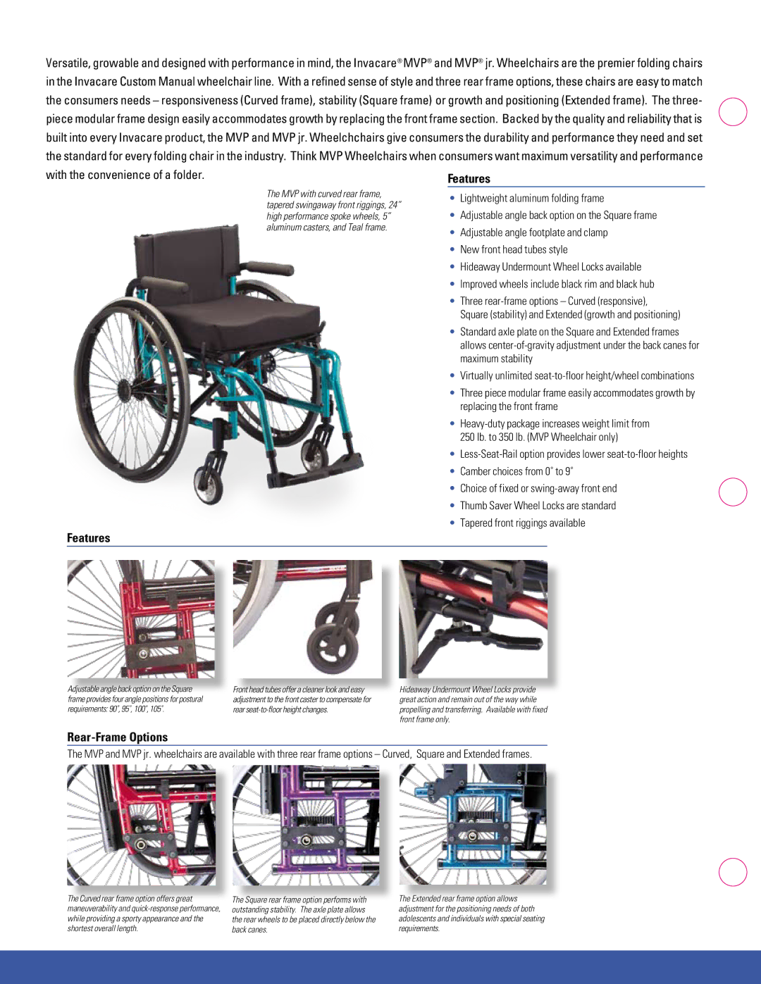 Invacare MVP manual With the convenience of a folder, Features, Rear-Frame Options 