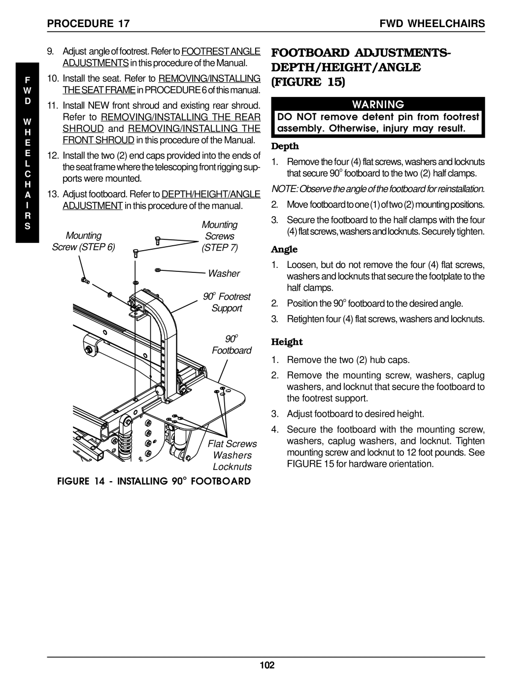 Invacare MWD, Arrow FWD, RWD service manual Footboard ADJUSTMENTS- DEPTH/HEIGHT/ANGLE Figure, Depth, Angle, Height 