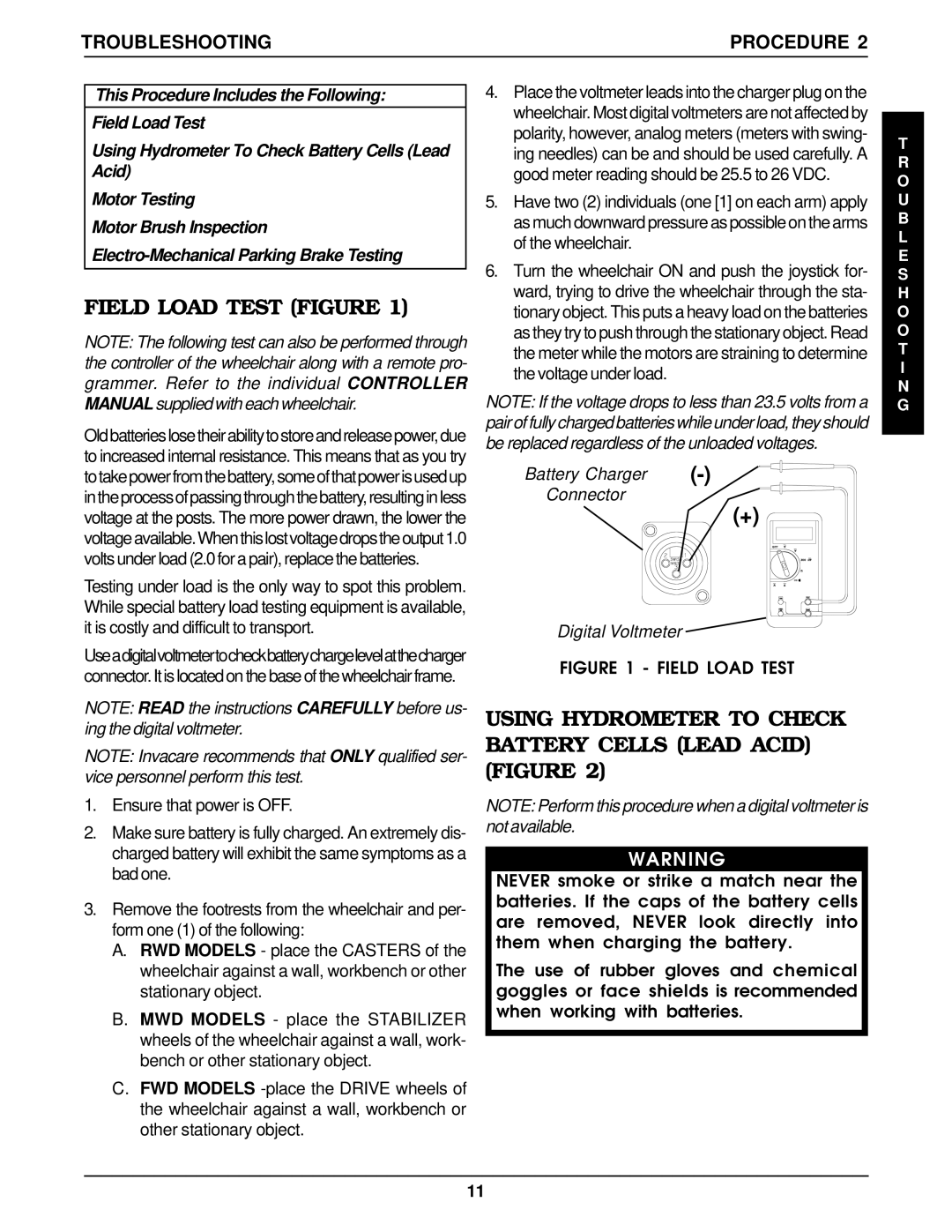 Invacare RWD Field Load Test Figure, Using Hydrometer to Check Battery Cells Lead Acid Figure, Troubleshooting Procedure 