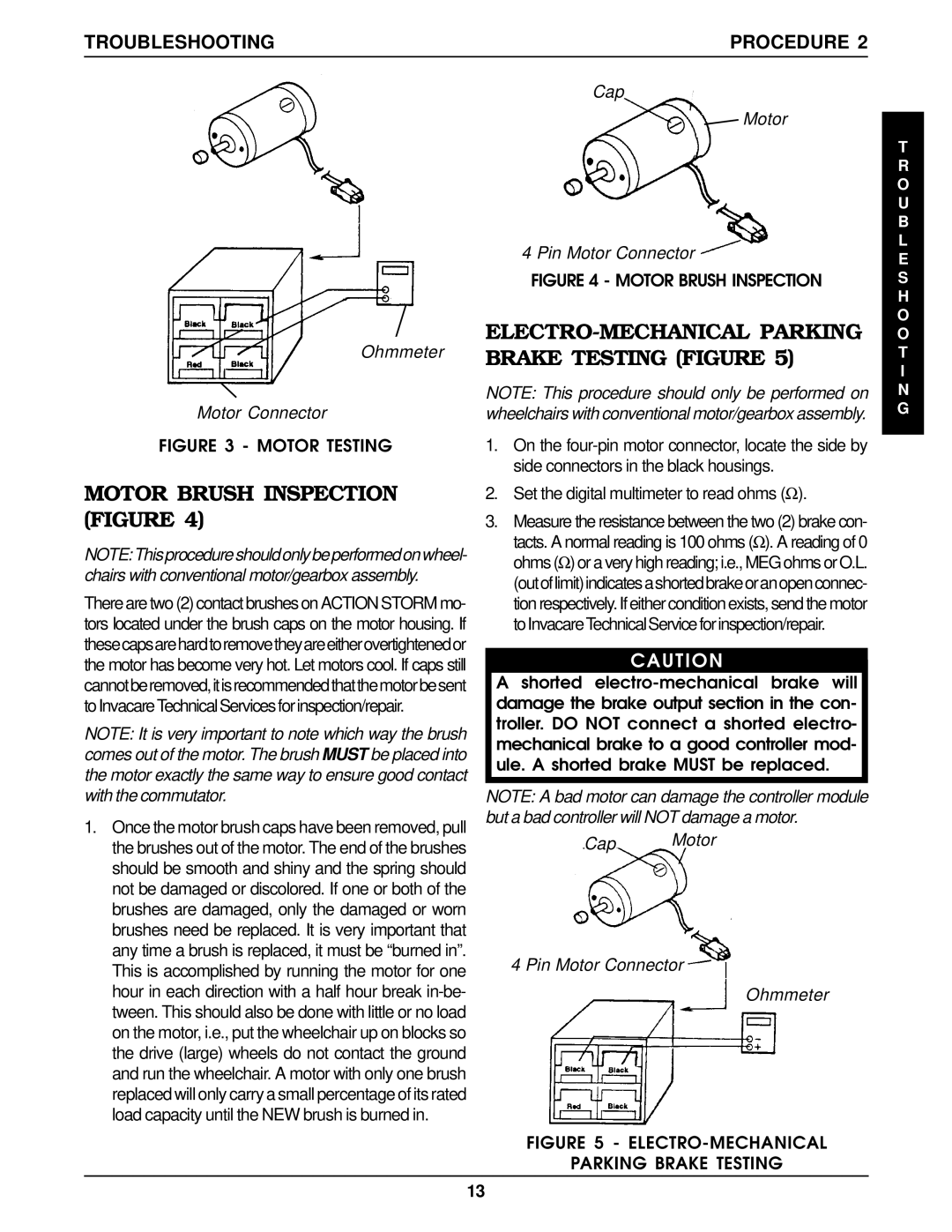 Invacare Arrow FWD, MWD, RWD service manual Motor Brush Inspection Figure, ELECTRO-MECHANICAL Parking Brake Testing Figure 