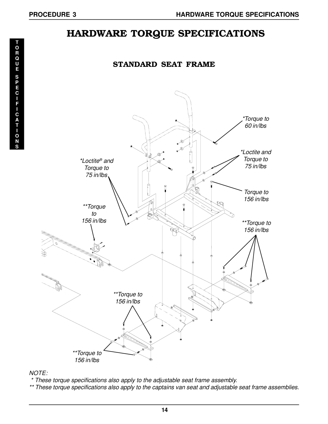 Invacare RWD, MWD, Arrow FWD service manual Hardware Torque Specifications, Standard Seat Frame 