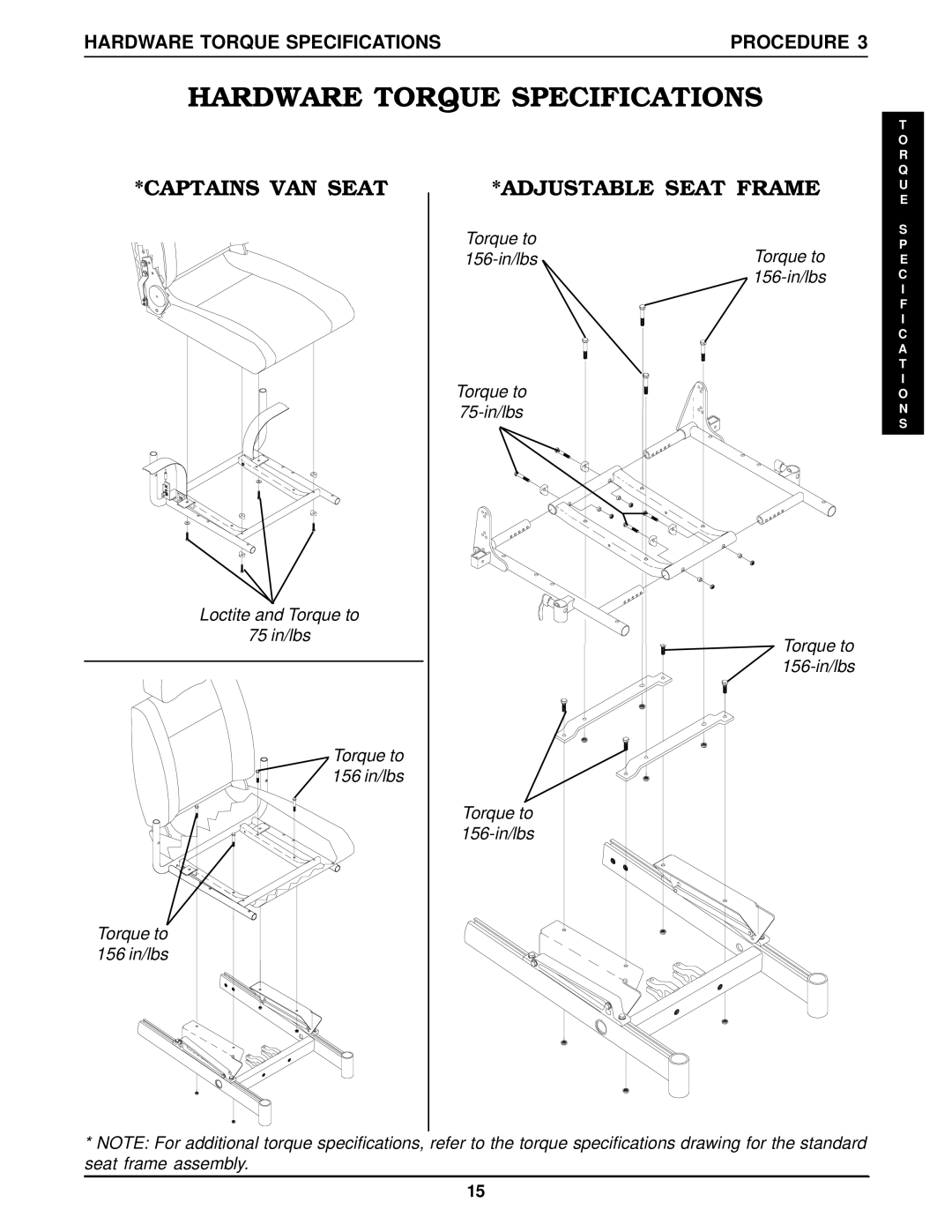 Invacare MWD, Arrow FWD, RWD Captains VAN Seat, Adjustable Seat Frame, Hardware Torque Specifications Procedure 