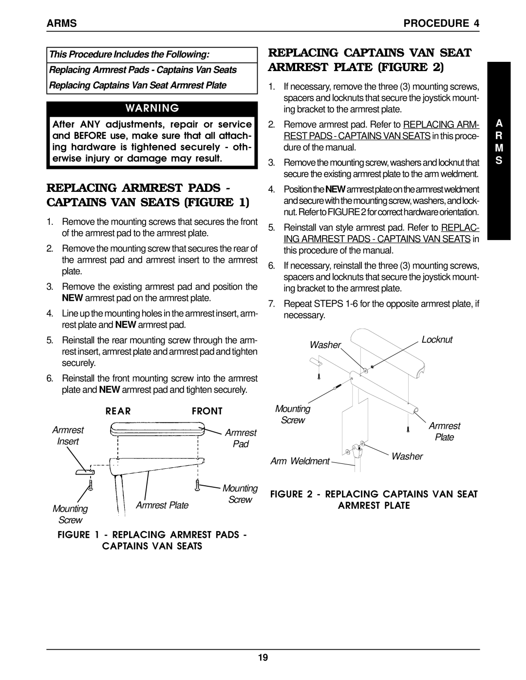 Invacare Arrow FWD Replacing Armrest Pads Captains VAN Seats Figure, Replacing Captains VAN Seat Armrest Plate Figure, M S 