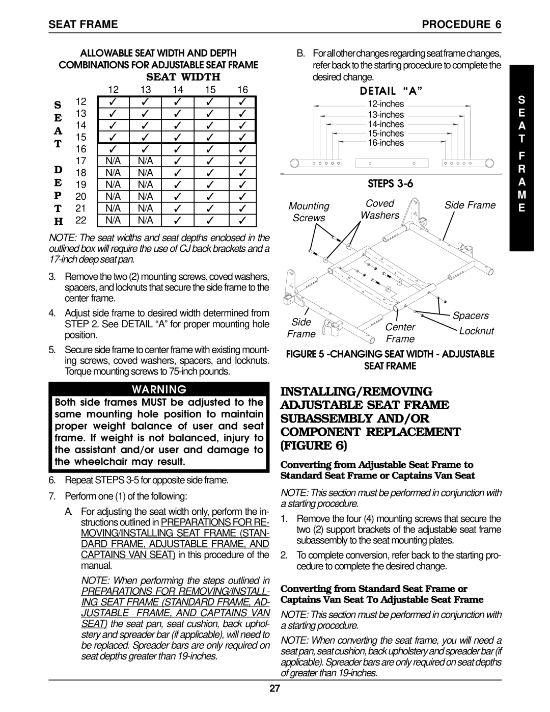 Invacare MWD, Arrow FWD, RWD service manual Seat Width, Side Spacers Center 