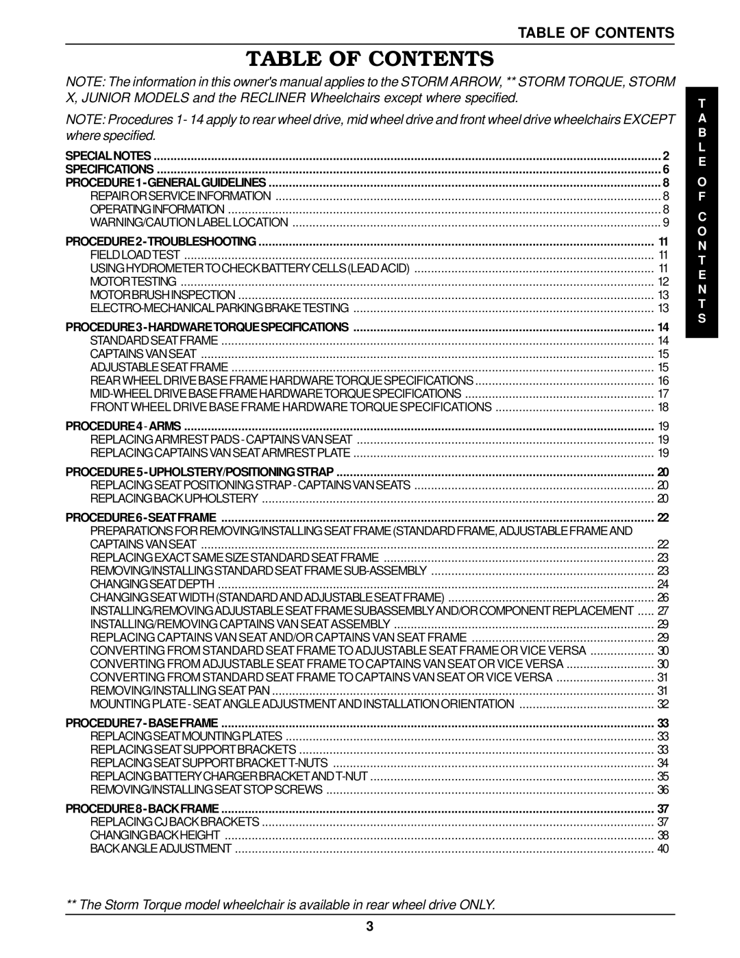 Invacare MWD, Arrow FWD, RWD service manual Table of Contents 