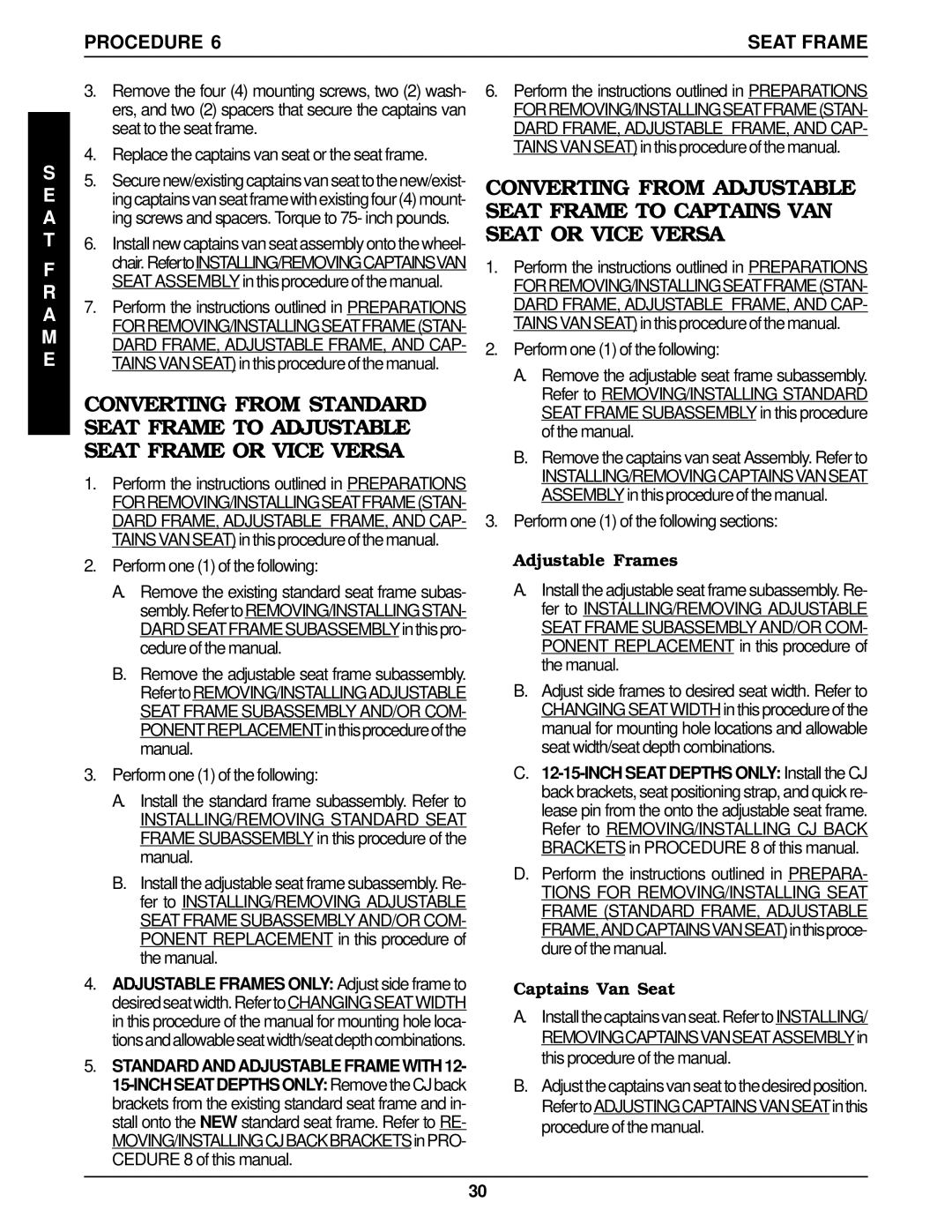 Invacare MWD, Arrow FWD, RWD service manual Adjustable Frames, Captains Van Seat 