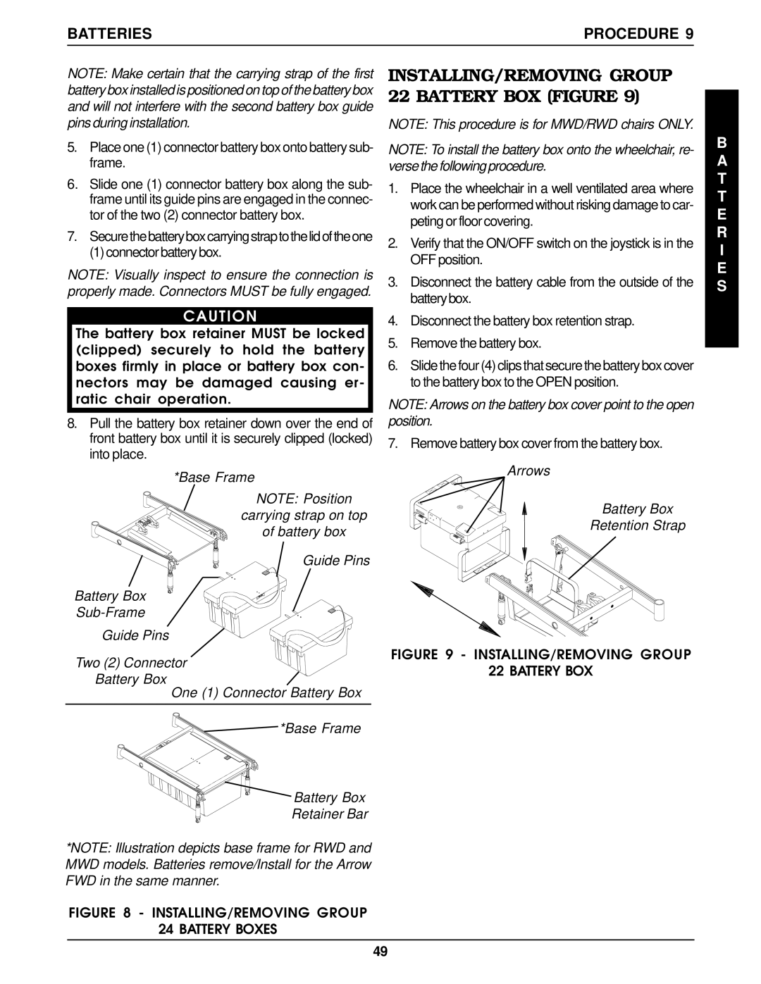 Invacare Arrow FWD, MWD, RWD service manual INSTALLING/REMOVING Group 22 Battery BOX Figure 