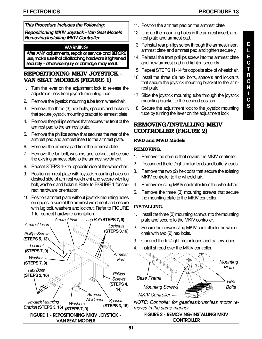 Invacare Arrow FWD, MWD, RWD Repositioning Mkiv Joystick VAN Seat Models Figure, REMOVING/INSTALLING Mkiv Controller Figure 