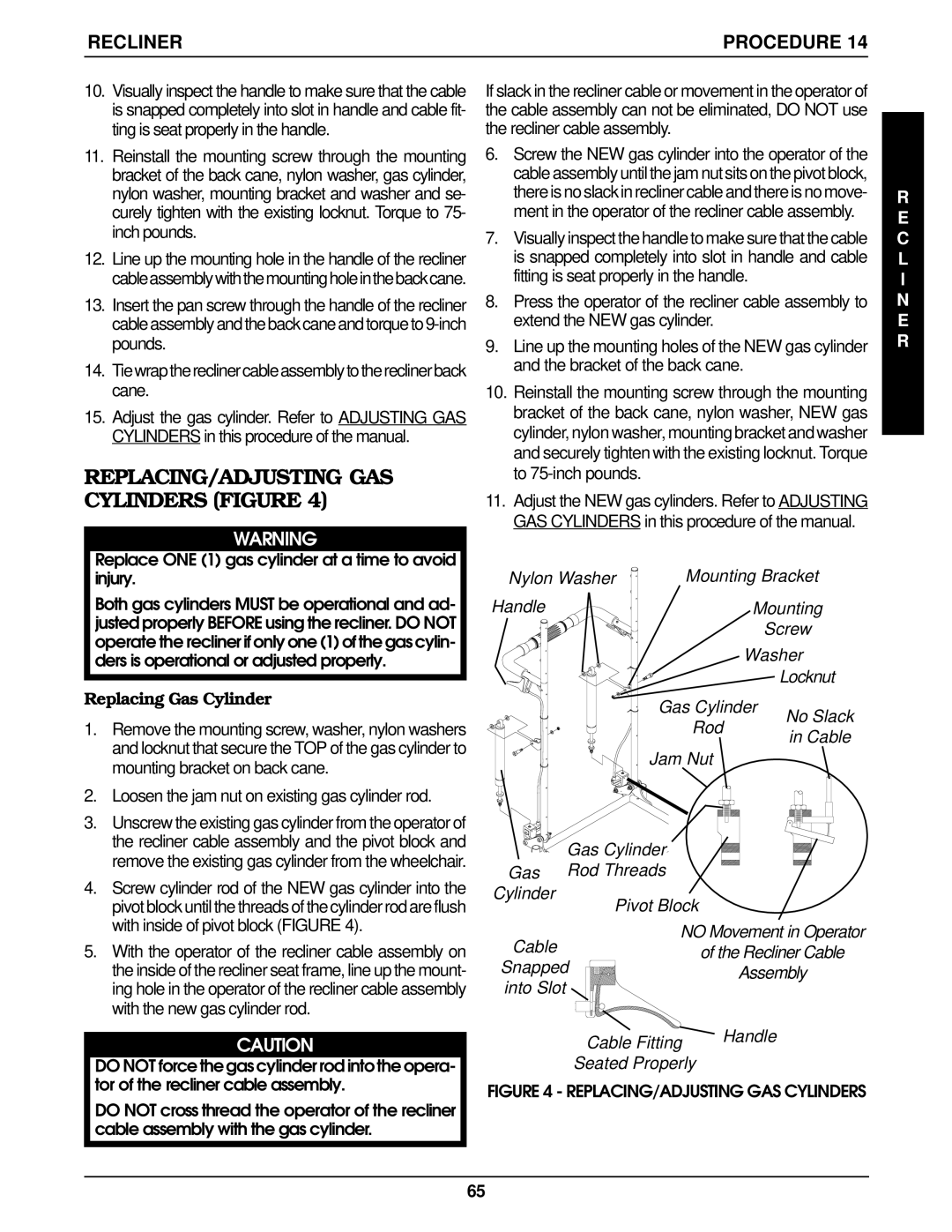 Invacare RWD, MWD, Arrow FWD service manual REPLACING/ADJUSTING GAS Cylinders Figure, Replacing Gas Cylinder 