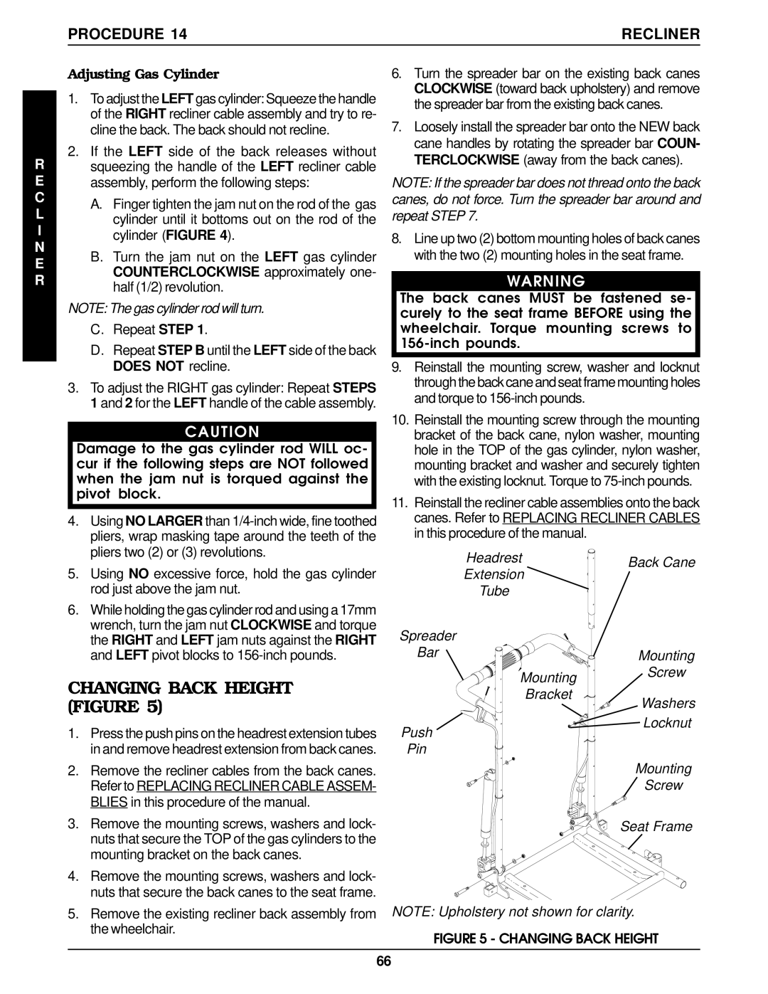 Invacare MWD, Arrow FWD, RWD service manual Changing Back Height, Procedure Recliner, Adjusting Gas Cylinder 