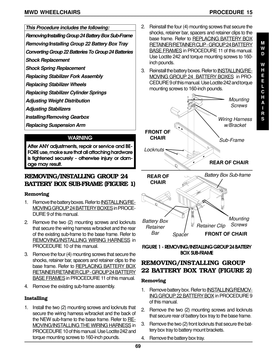 Invacare REMOVING/INSTALLING Group, Battery BOX Tray Figure, Battery BOX SUB-FRAME Figure, MWD Wheelchairs Procedure 