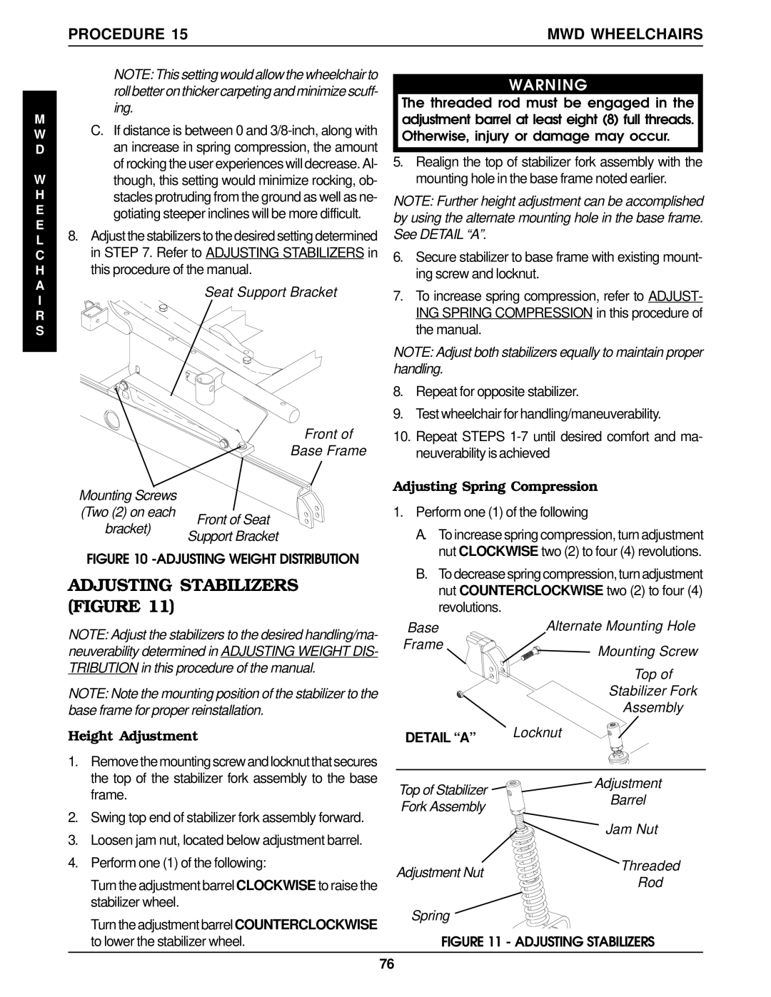 Invacare Arrow FWD, MWD, RWD service manual Adjusting Stabilizers Figure, Adjusting Spring Compression, Height Adjustment 