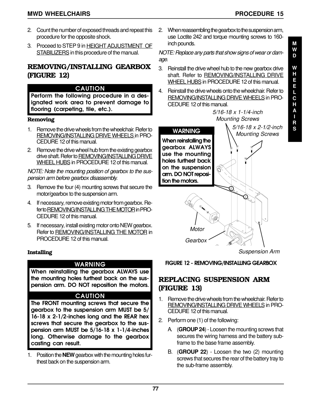 Invacare RWD, MWD REMOVING/INSTALLING Gearbox Figure, Replacing Suspension ARM Figure, Motor Gearbox Suspension Arm 