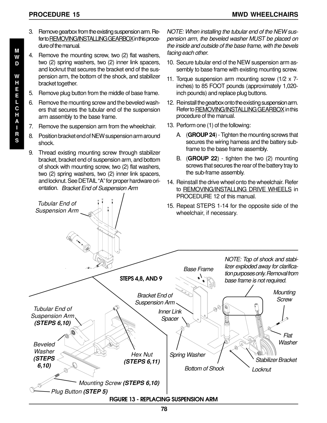 Invacare MWD, Arrow FWD, RWD service manual Entation. Bracket End of Suspension Arm, Tubular End Suspension Arm, Steps 6,10 