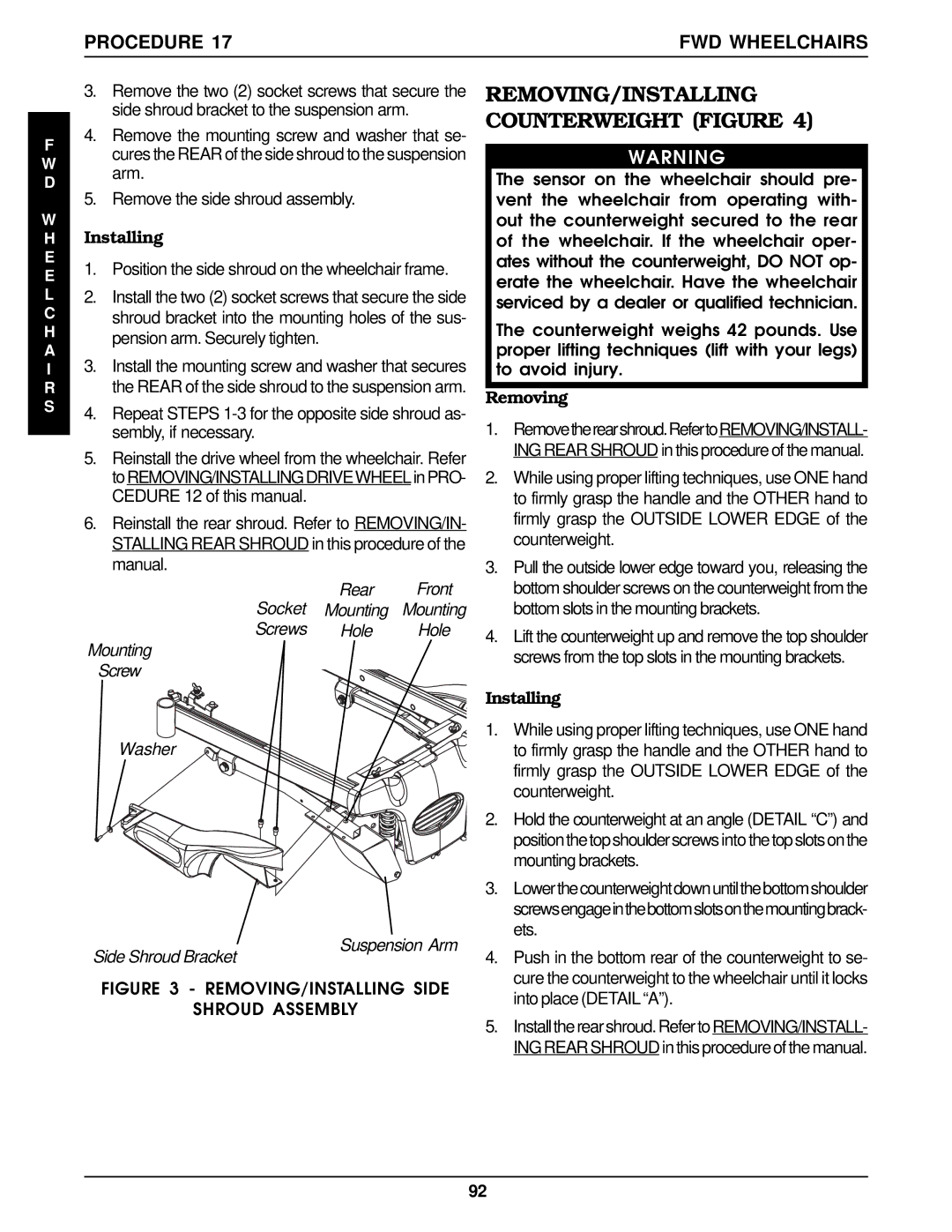 Invacare RWD, MWD, Arrow FWD service manual REMOVING/INSTALLING Counterweight Figure, Procedure FWD Wheelchairs 