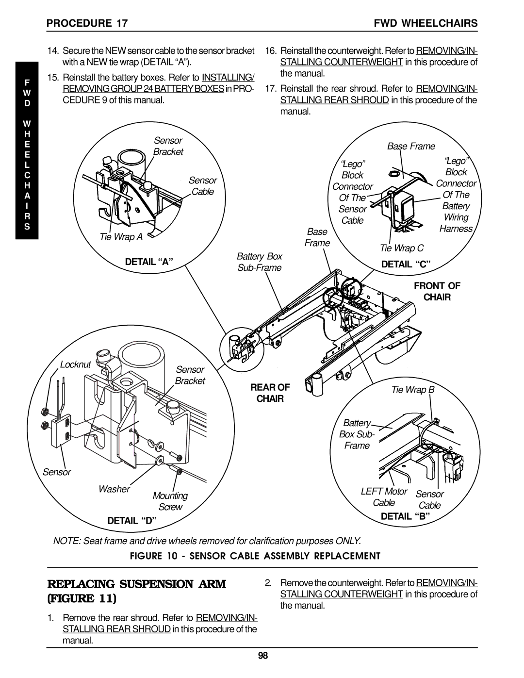 Invacare RWD, MWD, Arrow FWD service manual Tie Wrap C, Battery Box Sub Frame Sensor Washer Left Motor Sensor 