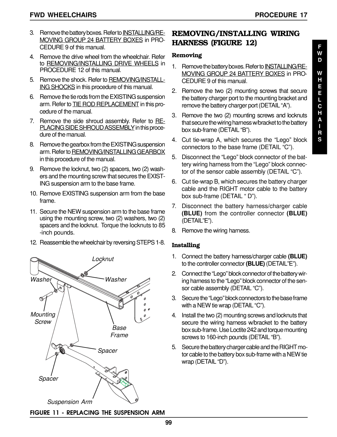 Invacare MWD, Arrow FWD, RWD service manual REMOVING/INSTALLING Wiring Harness Figure, Replacing the Suspension ARM 