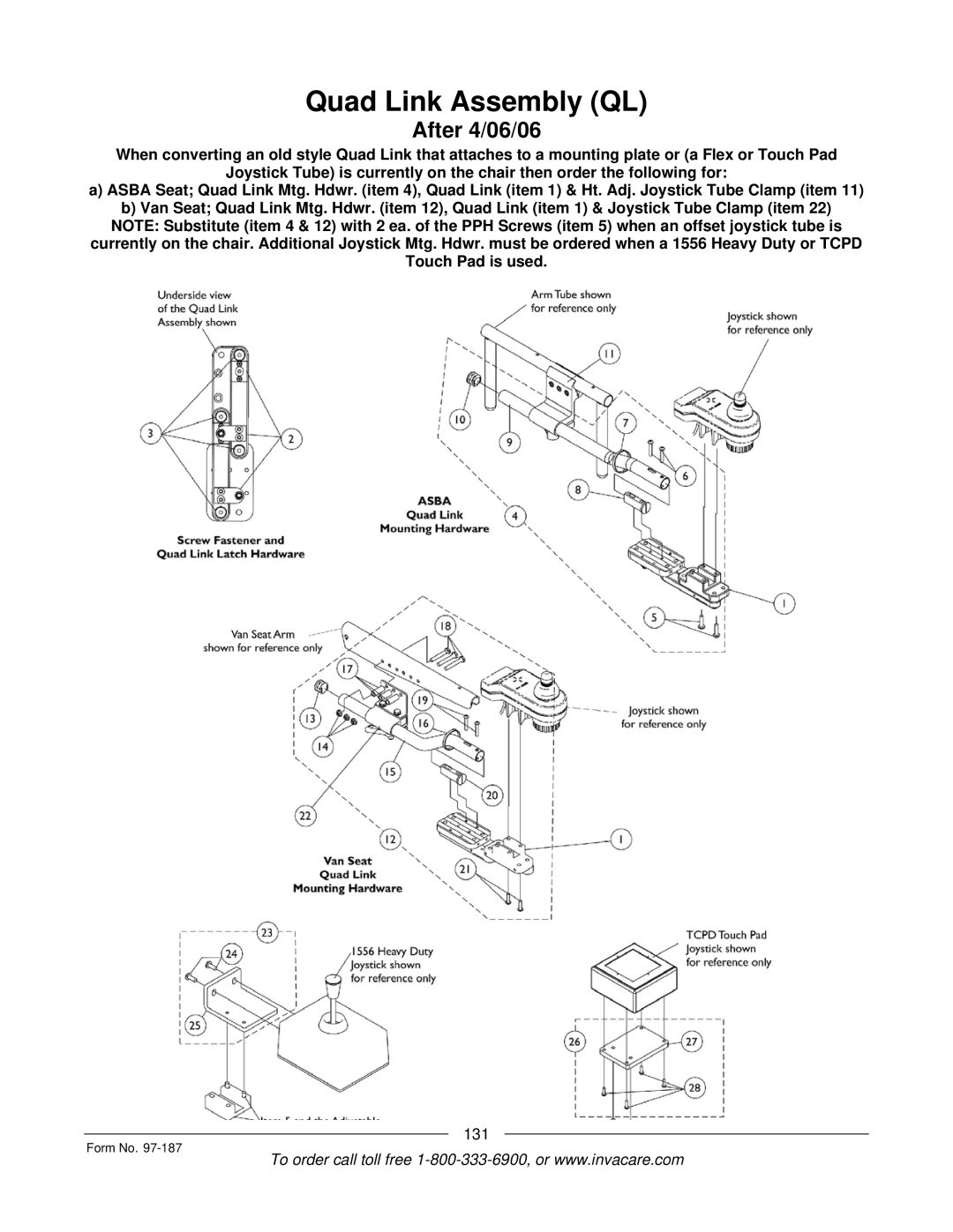 Invacare MWD manual Quad Link Assembly QL, After 4/06/06 