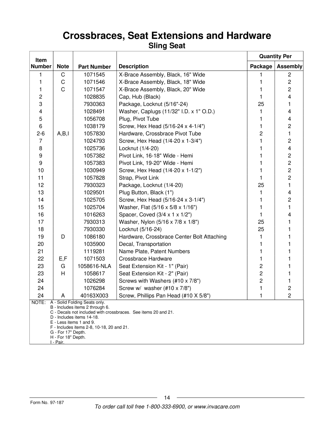 Invacare MWD manual Crossbraces, Seat Extensions and Hardware 