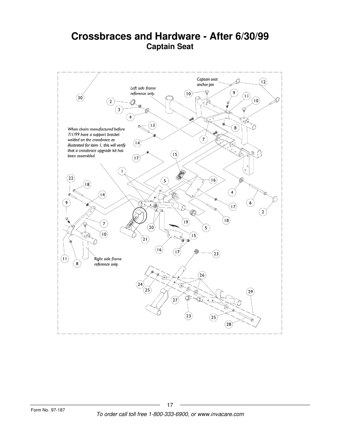 Invacare MWD manual Crossbraces and Hardware After 6/30/99 