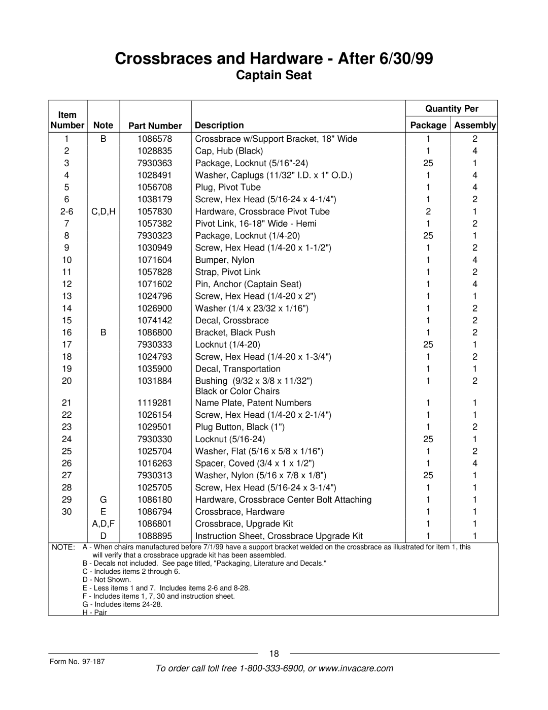 Invacare MWD manual Crossbraces and Hardware After 6/30/99 