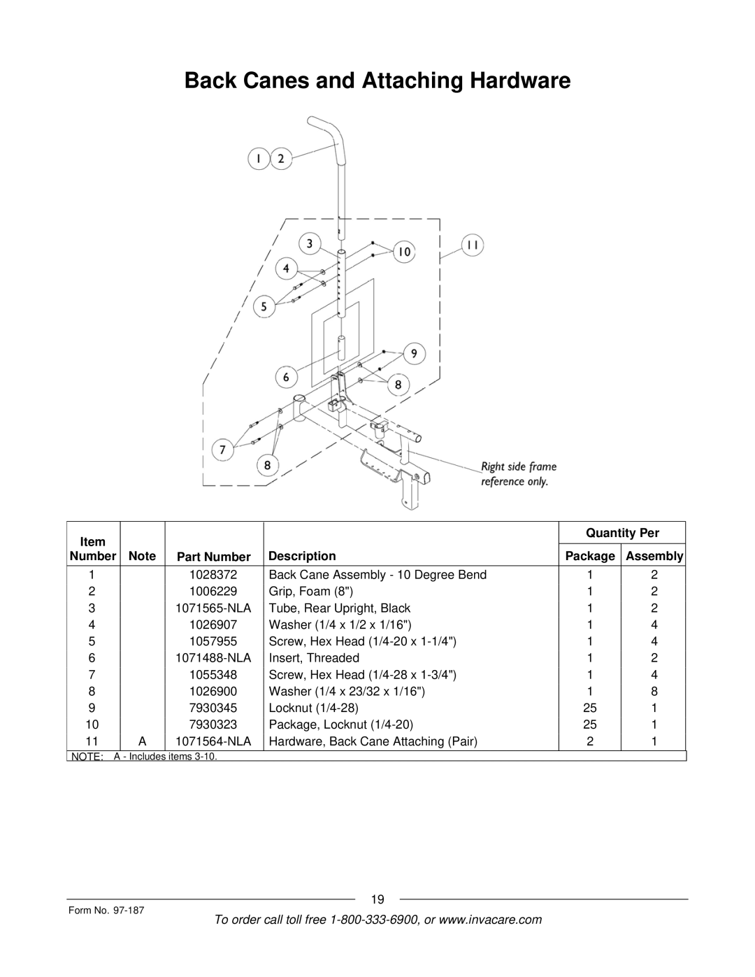 Invacare MWD manual Back Canes and Attaching Hardware 