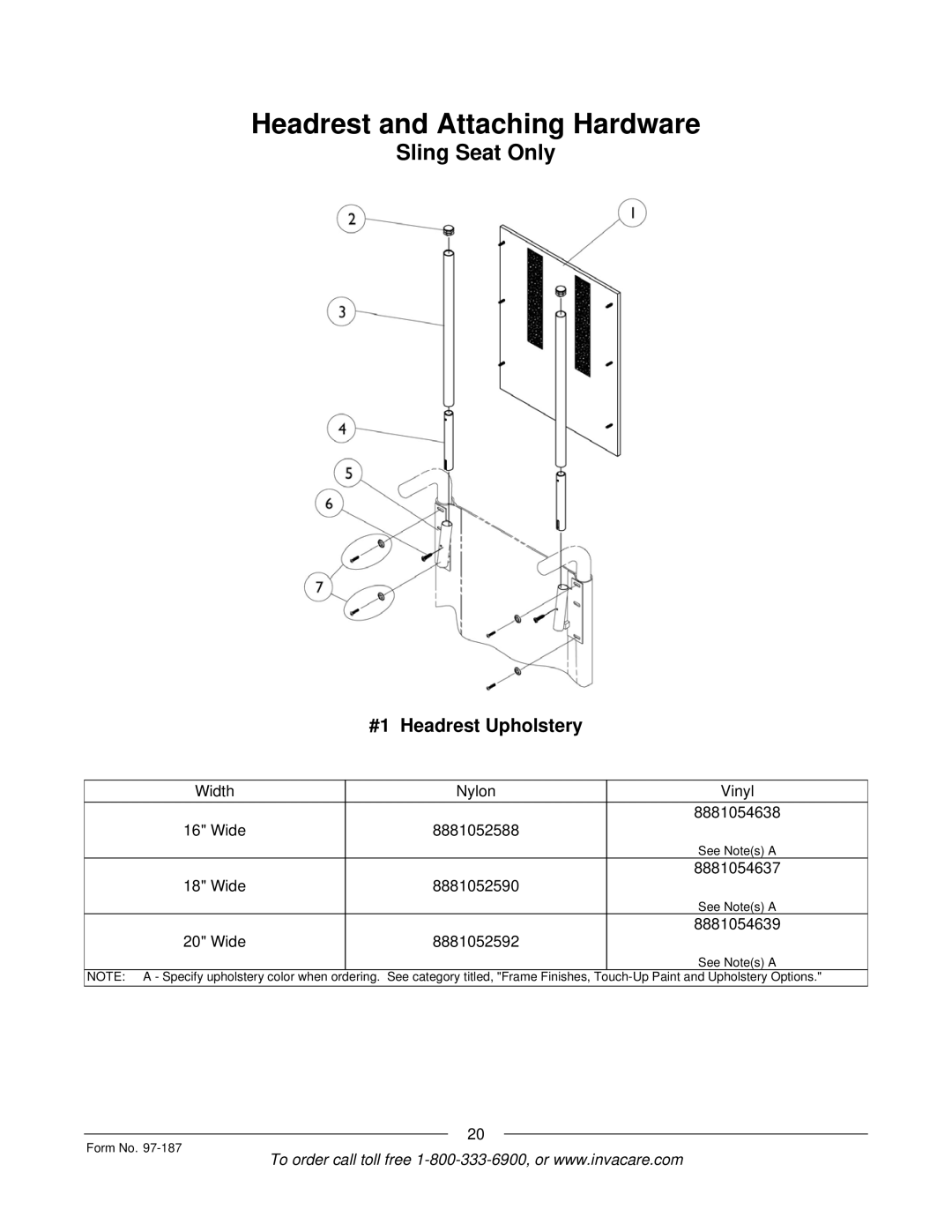 Invacare MWD manual Headrest and Attaching Hardware, #1 Headrest Upholstery 