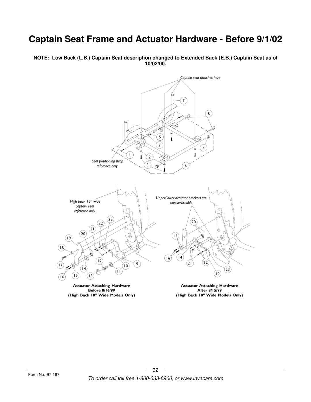 Invacare MWD manual Captain Seat Frame and Actuator Hardware Before 9/1/02 