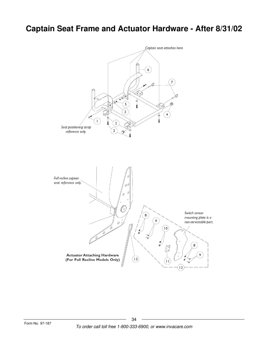 Invacare MWD manual Captain Seat Frame and Actuator Hardware After 8/31/02 